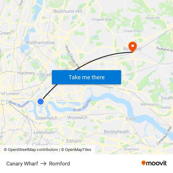 Canary Wharf to Romford map
