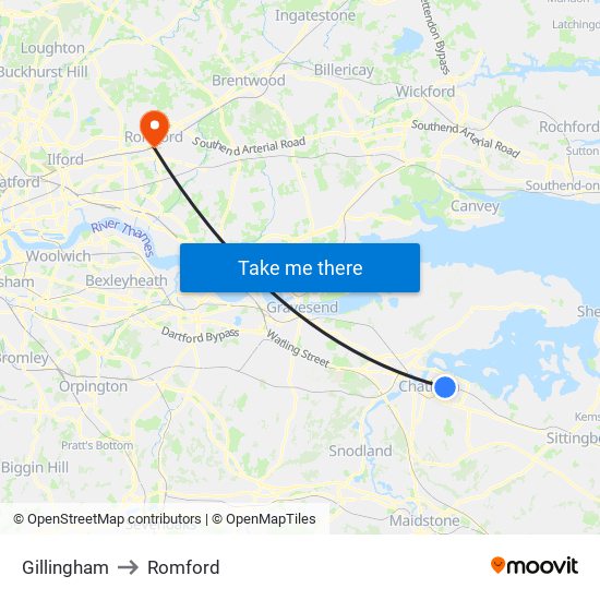 Gillingham to Romford map