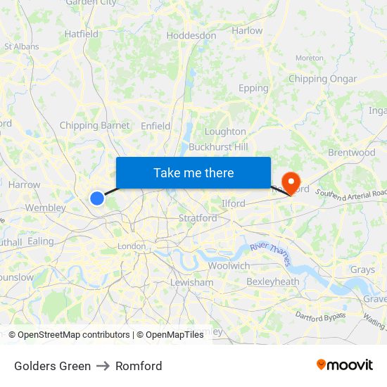 Golders Green to Romford map