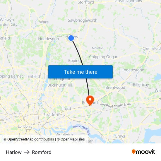 Harlow to Romford map