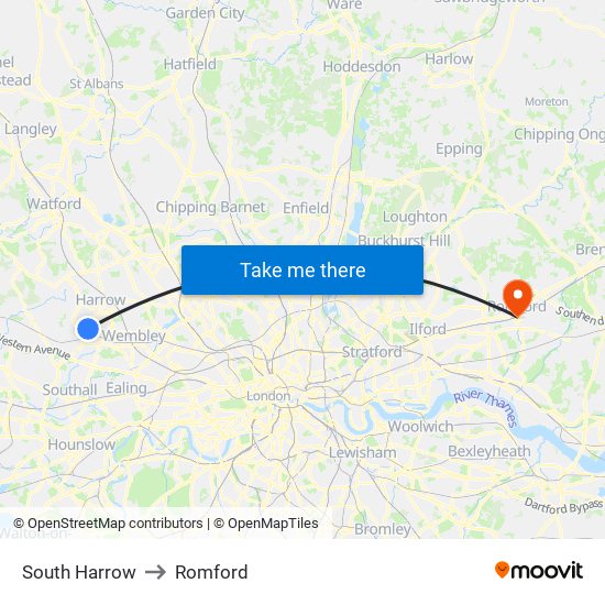 South Harrow to Romford map