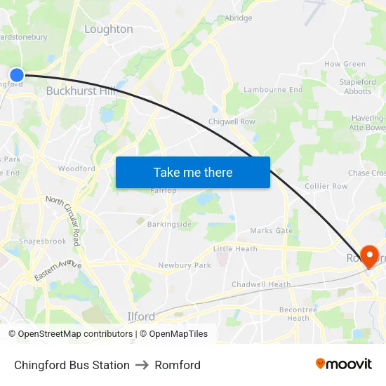 Chingford Bus Station to Romford map