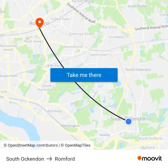 South Ockendon to Romford map