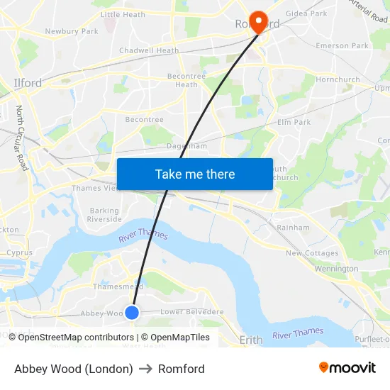 Abbey Wood (London) to Romford map