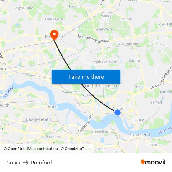 Grays to Romford map