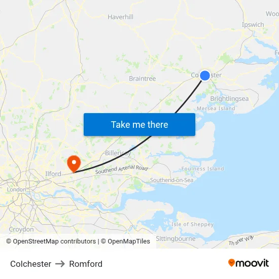 Colchester to Romford map