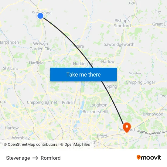 Stevenage to Romford map