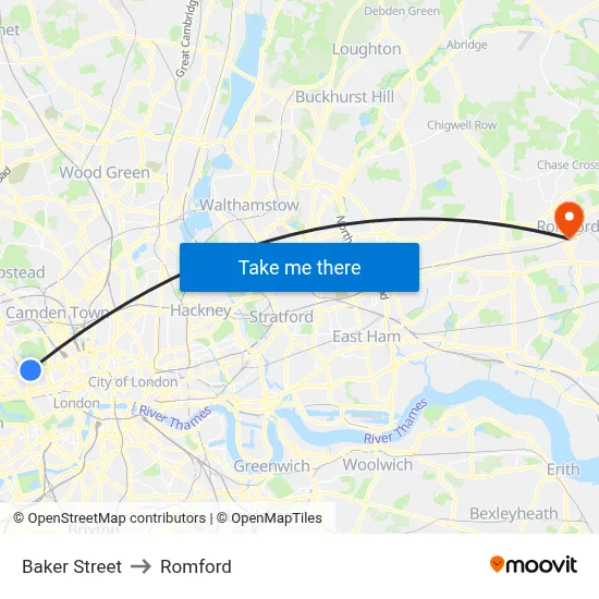 Baker Street to Romford map