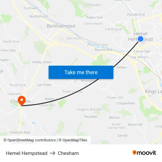 Hemel Hempstead to Chesham map