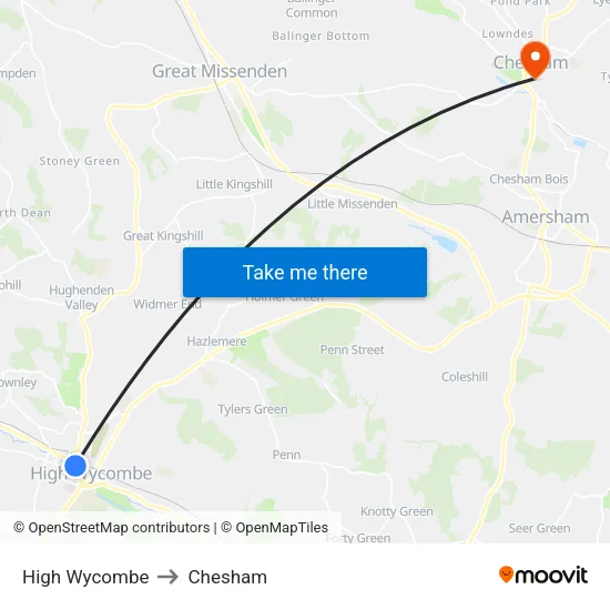 High Wycombe to Chesham map