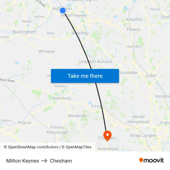 Milton Keynes to Chesham map