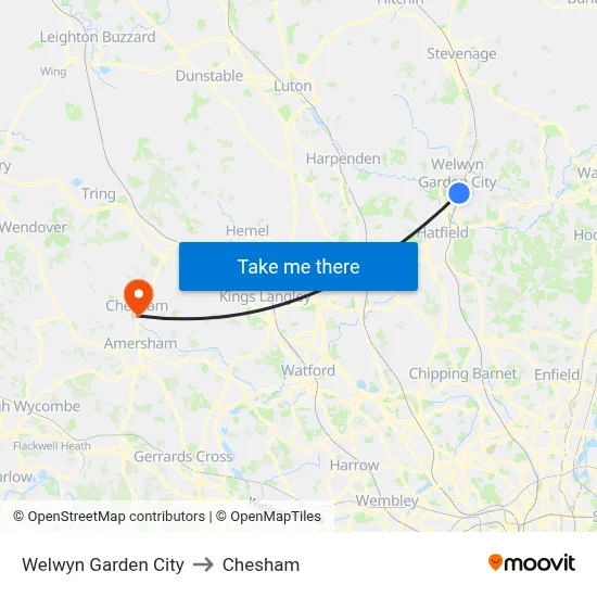 Welwyn Garden City to Chesham map