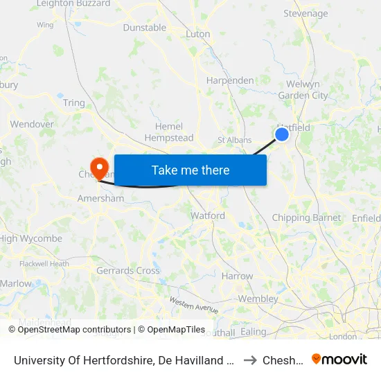 University Of Hertfordshire, De Havilland Campus to Chesham map