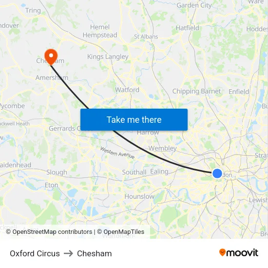 Oxford Circus to Chesham map