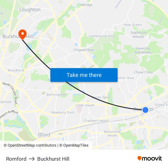 Romford to Buckhurst Hill map