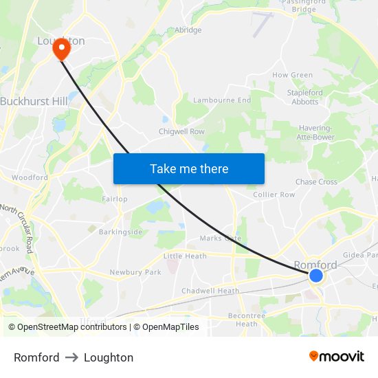 Romford to Loughton map