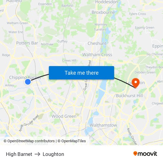 High Barnet to Loughton map