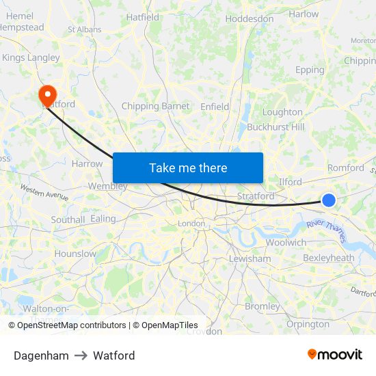 Dagenham to Watford map