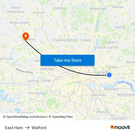 East Ham to Watford map