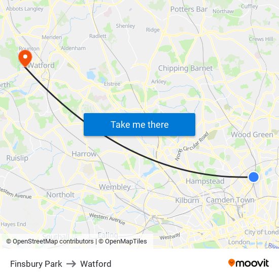 Finsbury Park to Watford map