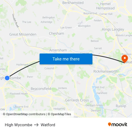 High Wycombe to Watford map