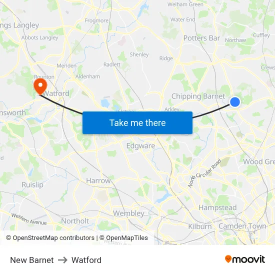 New Barnet to Watford map