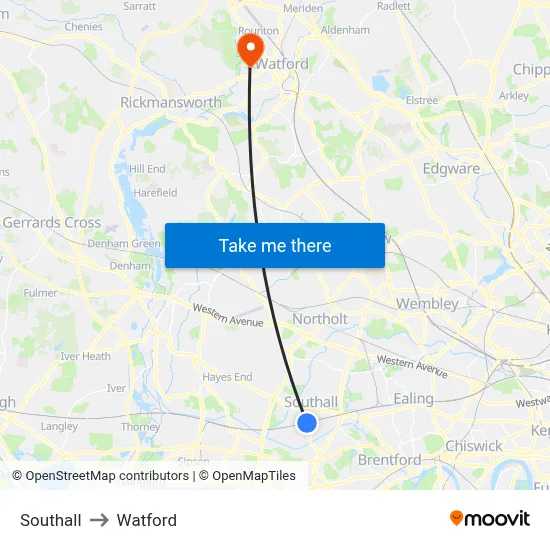 Southall to Watford map