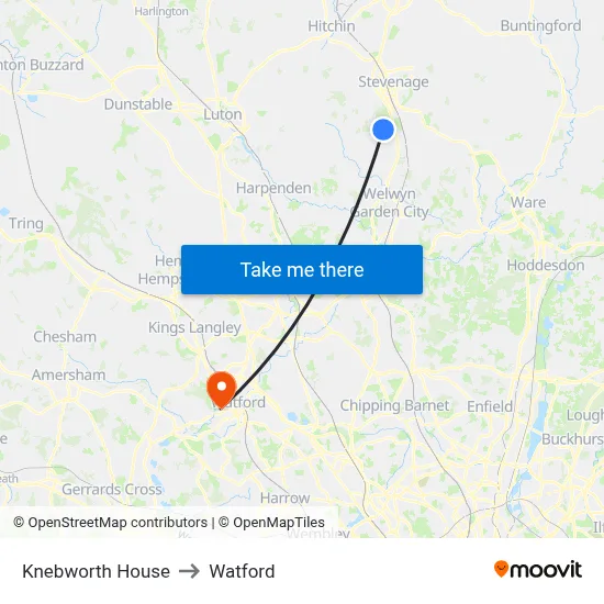 Knebworth House to Watford map