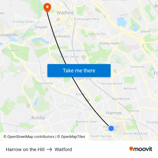 Harrow on the Hill to Watford map