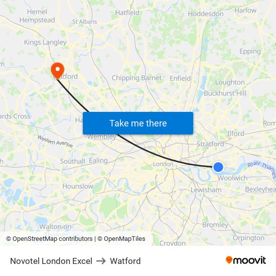 Novotel London Excel to Watford map