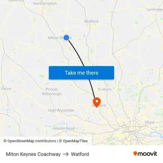 Miton Keynes Coachway to Watford map