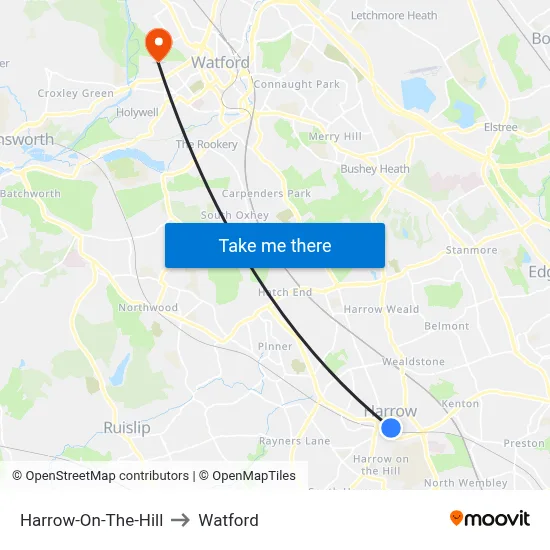 Harrow-On-The-Hill to Watford map