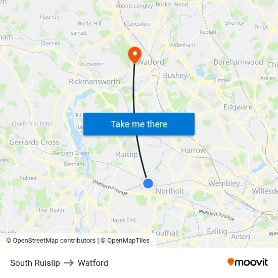 South Ruislip to Watford map