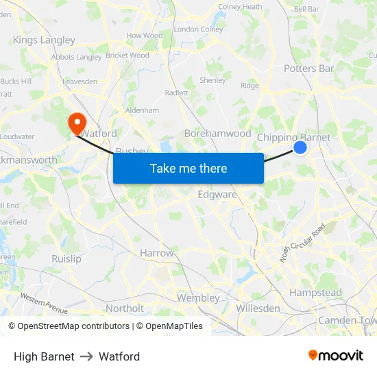 High Barnet to Watford map