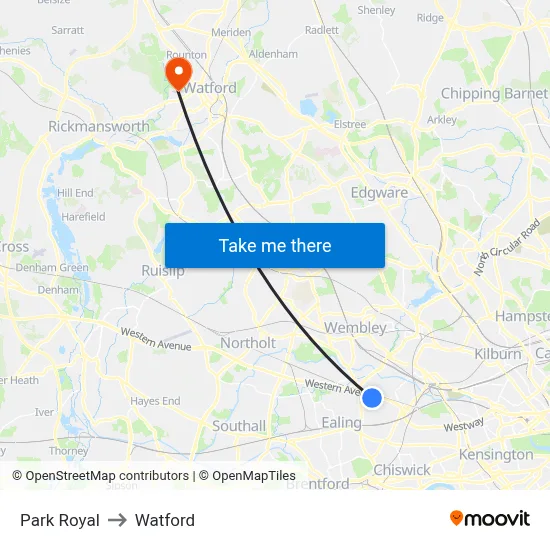 Park Royal to Watford map