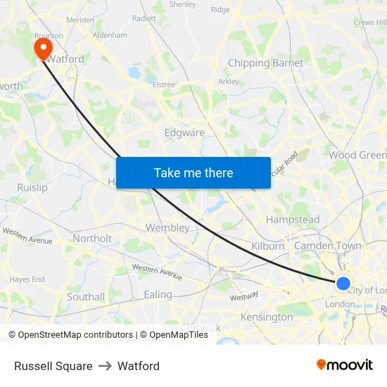 Russell Square to Watford map