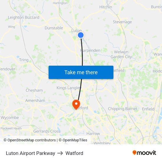 Luton Airport Parkway to Watford map