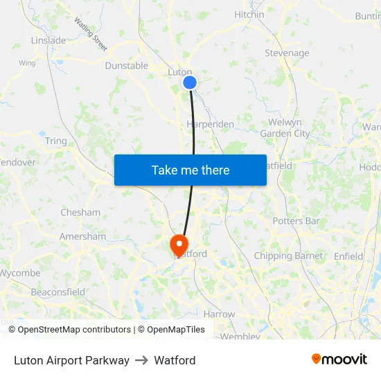 Luton Airport Parkway to Watford map