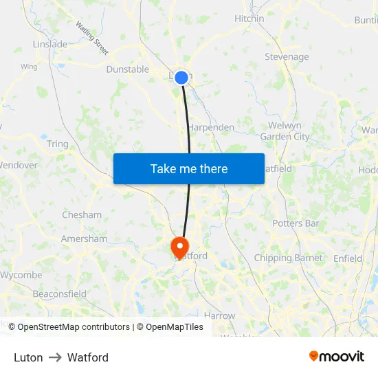 Luton to Watford map