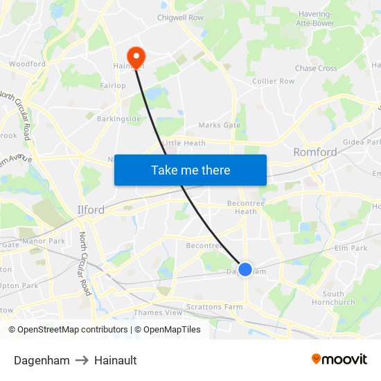 Dagenham to Hainault map