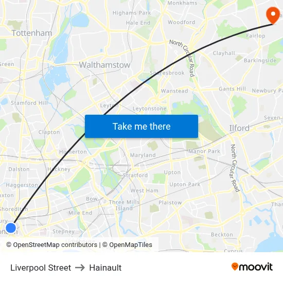 Liverpool Street to Hainault map