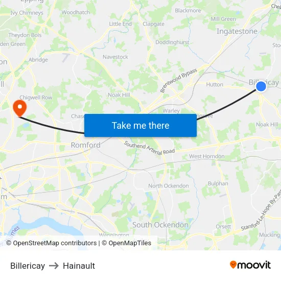 Billericay to Hainault map