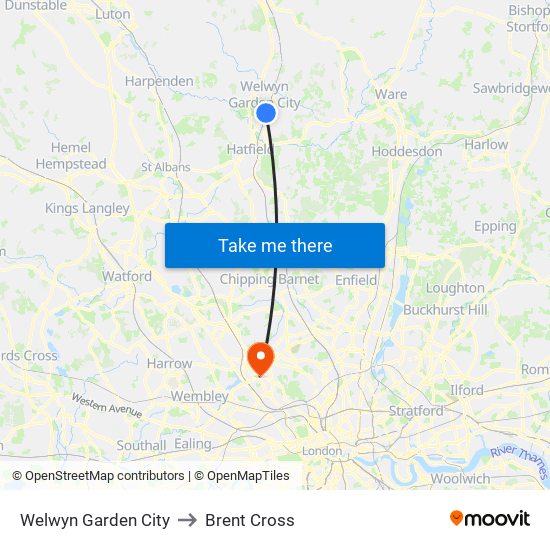 Welwyn Garden City to Brent Cross map