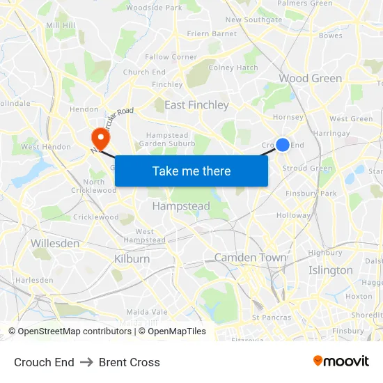 Crouch End to Brent Cross map