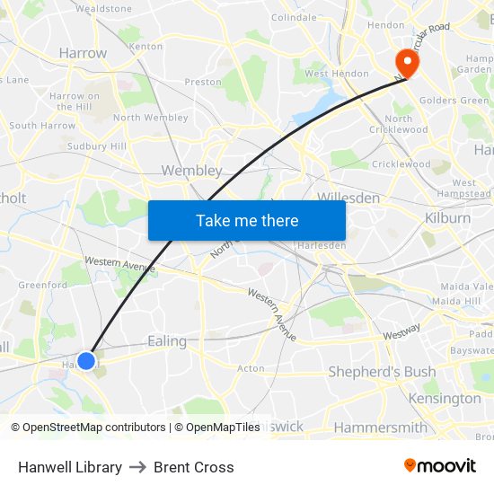 Hanwell Library to Brent Cross map