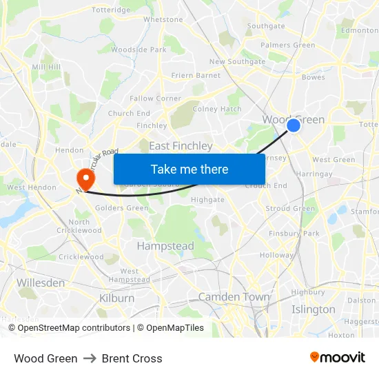 Wood Green to Brent Cross map