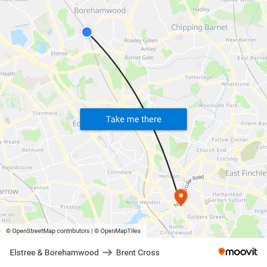 Elstree & Borehamwood to Brent Cross map