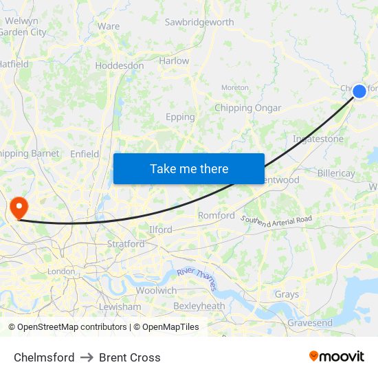 Chelmsford to Brent Cross map