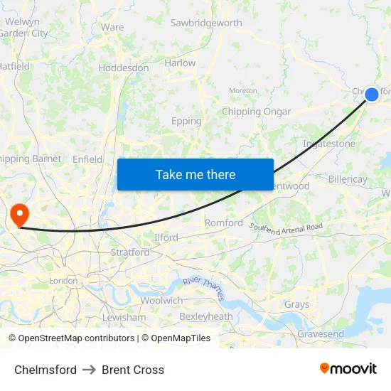Chelmsford to Brent Cross map