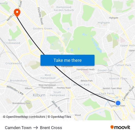 Camden Town to Brent Cross map